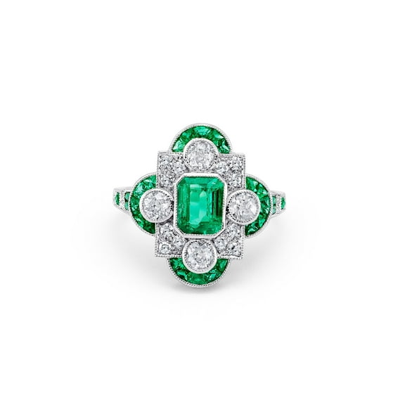 Emerald Cut Green Emerald Diamond Engagement Ring, Floral Cluster Diamond Wedding Ring, Vintage Art Deco Halo Diamond Ring, Bezel Set Ring, 925 Sterling Silver, 2.5 Ct Simulated Diamond & Emerald