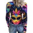 thumbnail image 7 of Mardi Gras Shirts for Women Feathers Print Carnival V Neck Blouse Mask Print Long Sleeve Green Graphic Tee Blue M, 7 of 7