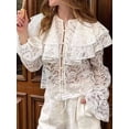 thumbnail image 4 of Women Lace Tie Front Top Ruffle Trim Long Sleeve Flowy Shirt Going Out Top White XL, 4 of 9