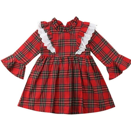 Family Sister Christmas Matched Outfits Baby Girls Long Sleeve Red Plaid Dress 2-3 Year