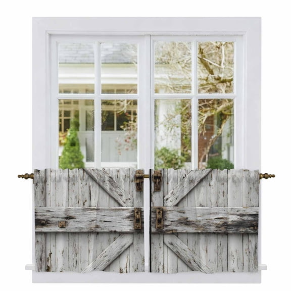 Vintage Gate Tier Curtains 36 Inch Length, Farmhouse Wooden Grain Shabby Chic Door Cafe Short Curtains for Bathroom Over Sink, Small Kitchen Curtain Light Filtering Tiered Drapes 2 Panels 27.5"Wx36"L