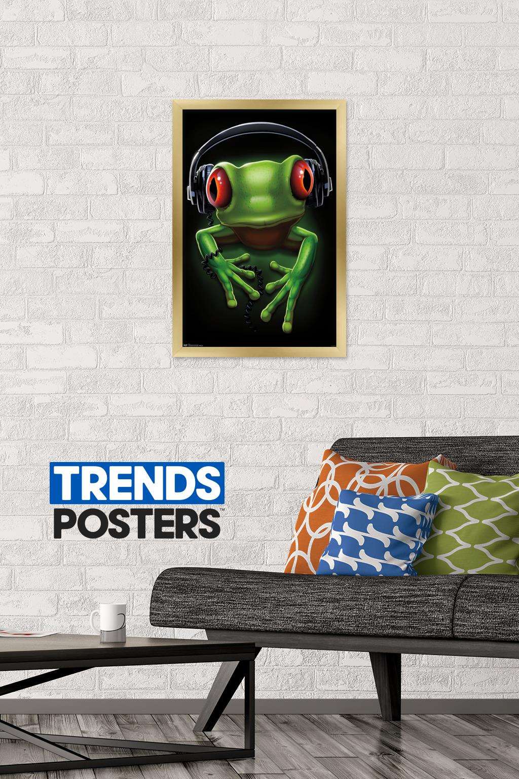 Frog - Headphones Wall Poster, 14.725" x 22.375", Framed