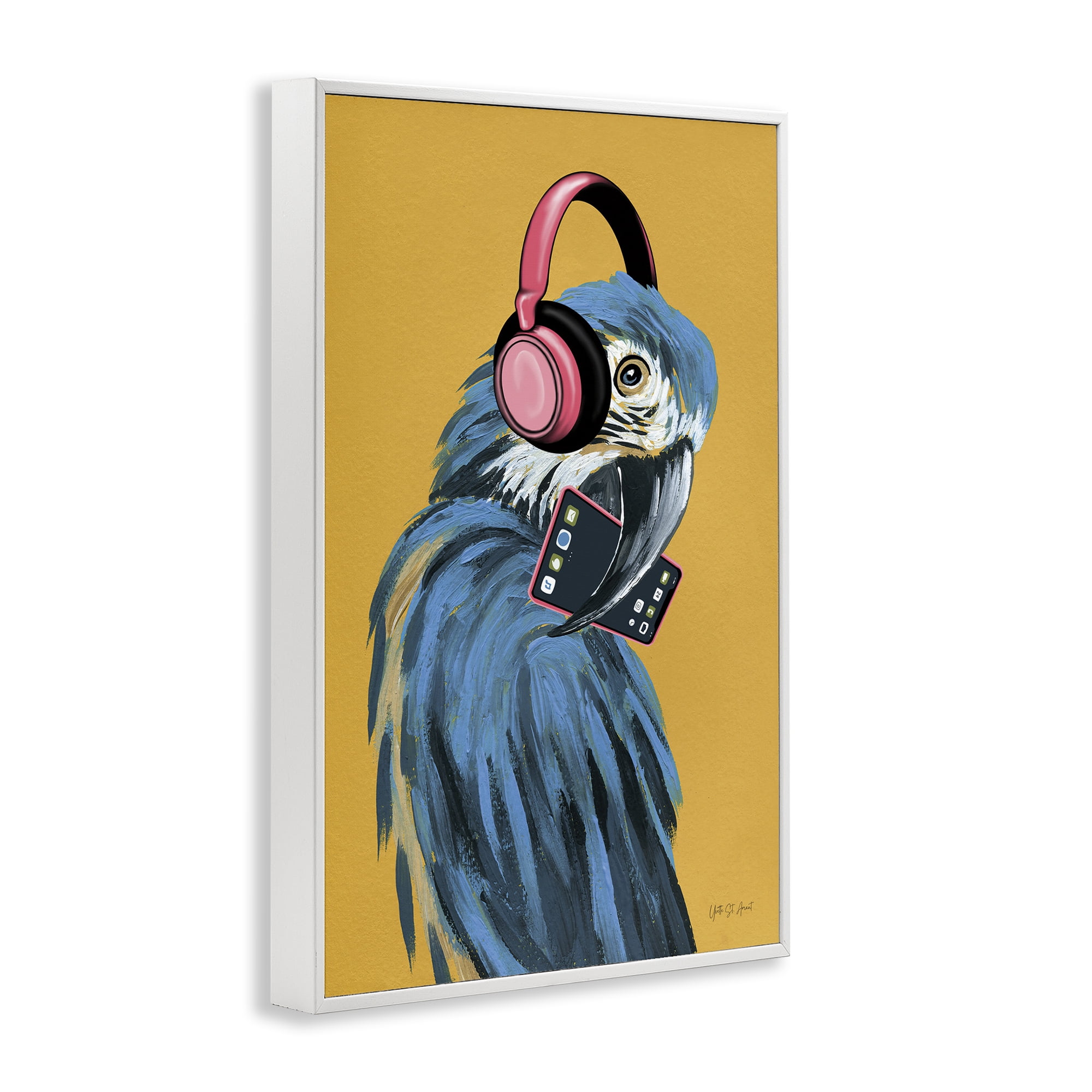 Stupell Industries Parrot Listening to Music Animals & Insects Painting White Framed Art Print Wall Art, 16 x 24