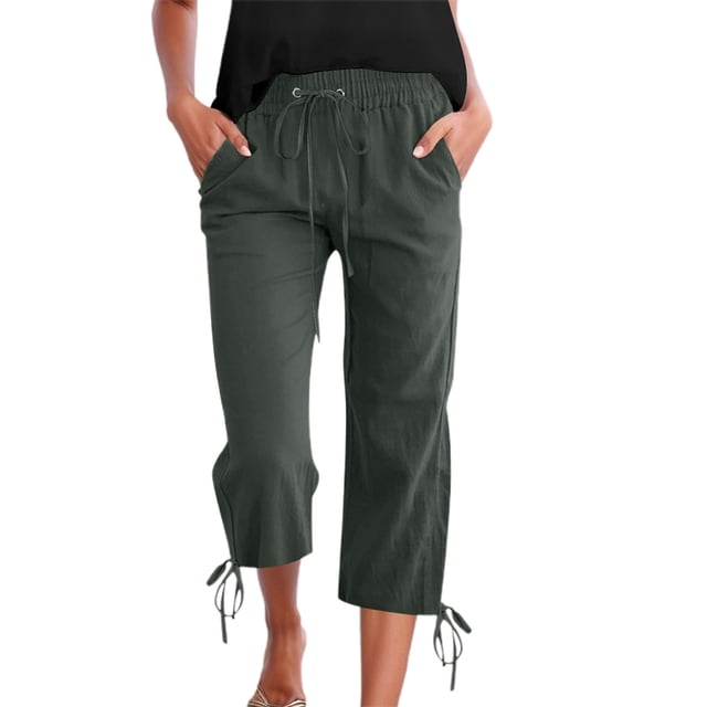 Women's Solid Color Drawstring Cropped Linen Pants - Casual Capri Trousers, Breathable Polyester Blend