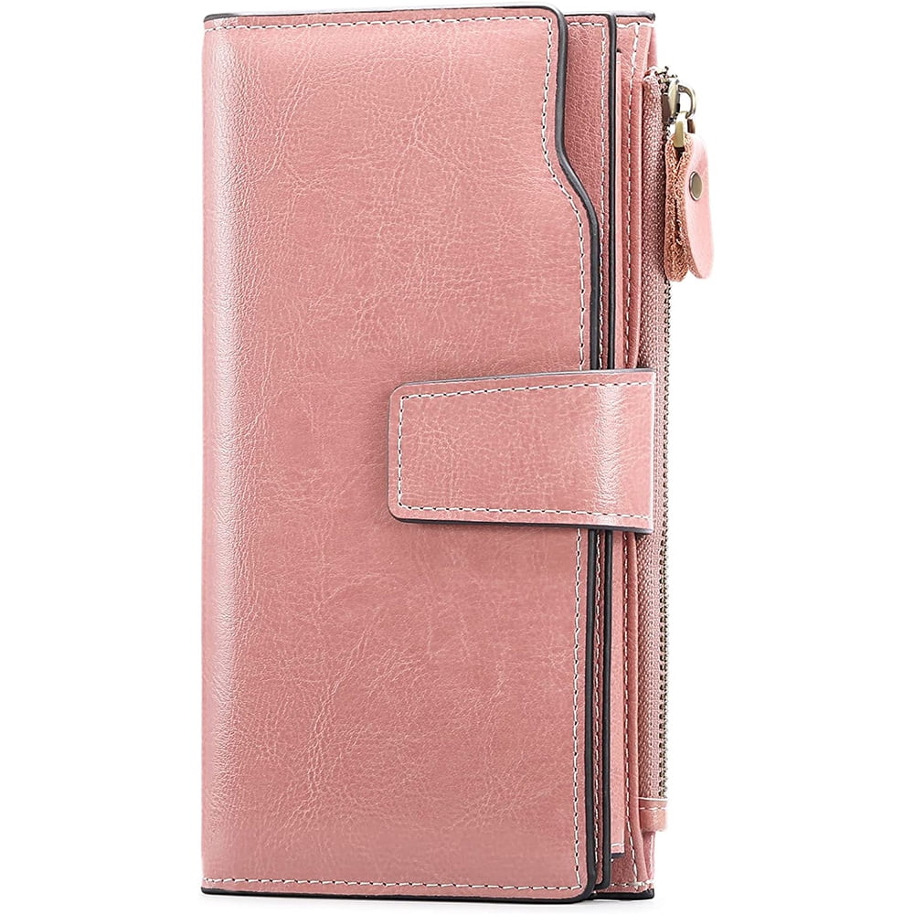 Women's Zip Around Wallet With Wrist Strap - Large Capacity Clutch Purse, 7.87 X 3.93 X 1 Inches, Pink PU Leather