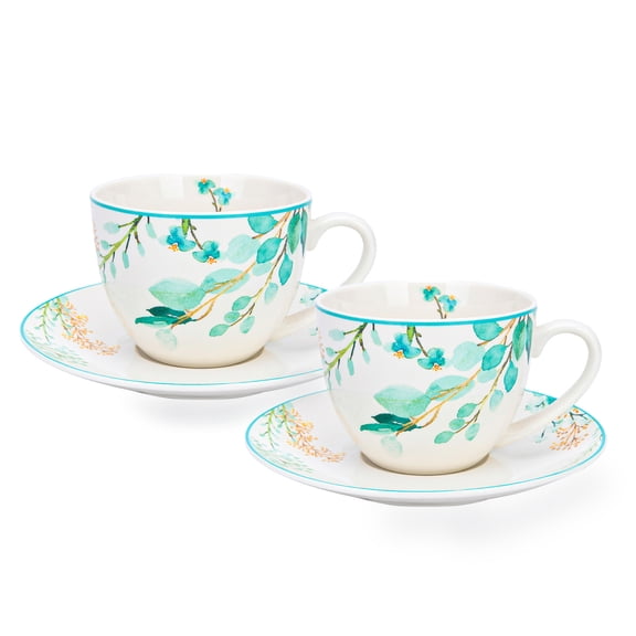 Bone China Kitchen Teacups 8.8 fl oz (260 ml) Floral Tea Cups Botanical Garden Tea Cup with Saucer Set of 2 Pretty Tea Cup with Matching Saucer Christmas Mugs