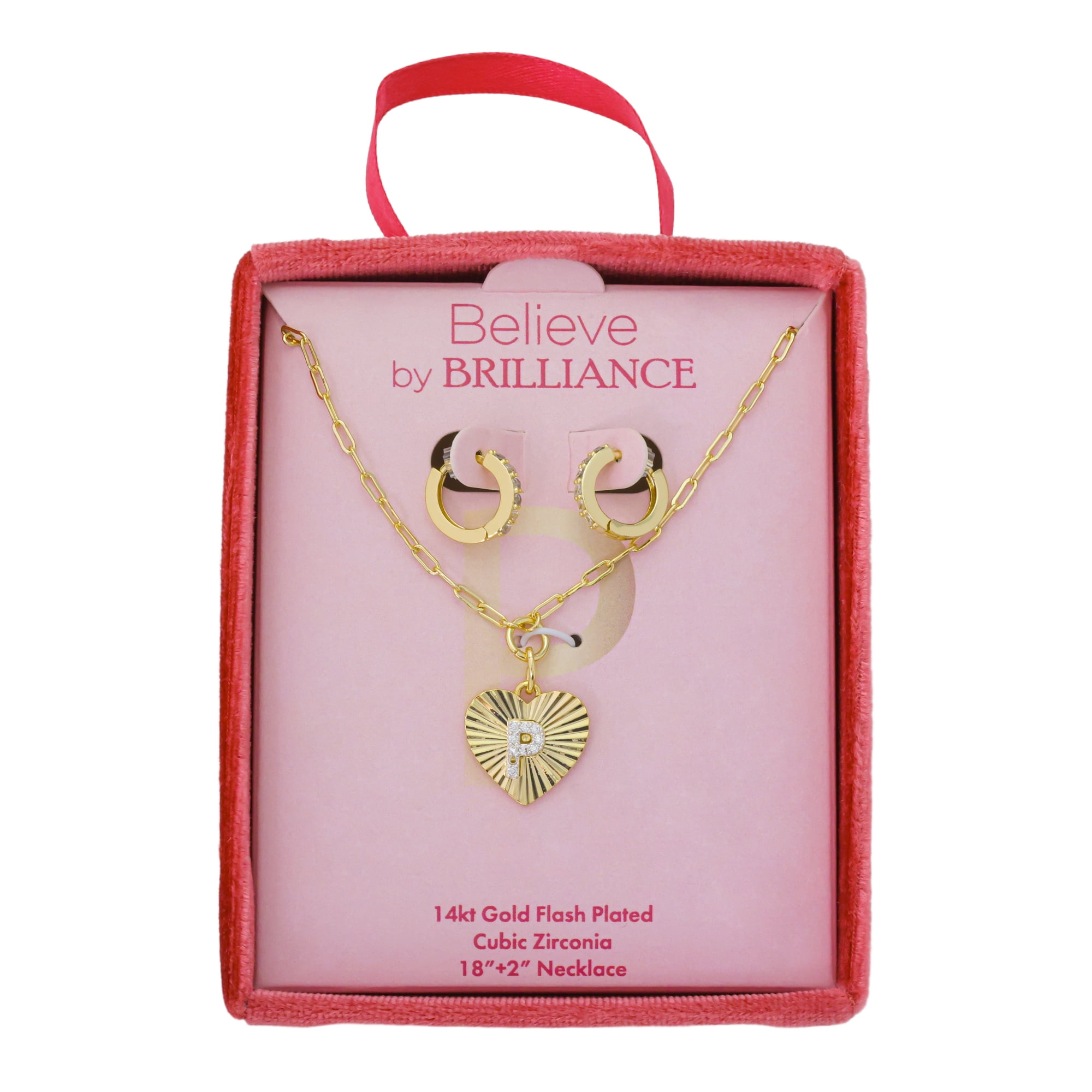 Believe by Brilliance Women's 14Kt Gold Flash Plated Cubic Zirconia Initial P Heart Pendant Necklace and Hoop Earring Set, 18+2"