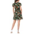 thumbnail image 3 of Vestido de gasa floral con volantes y cuello en V para mujer, con mangas acampanadas y lazo, por encima de la rodilla, en verde esmeralda, 3 of 6