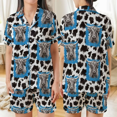Lotusprinthandmade Highland Cow Print All-over Print Satin Short-Sleeve Pajamas Set (No Pocket) (2XL) highland cow satin pajamas cow print pajama set