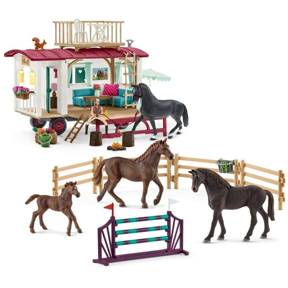 Schleich - Horse Club: Secret Training at the Caravan Horse Playset with Camper, Horse Toys, & Accessories, 51 Pcs