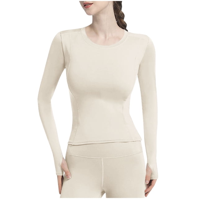 ShomPort Hauts de Yoga pour Femmes Séchage Rapide Manches Longues Col Rond Extensible Élastique Blouses avec Trou pour Pouce T-Shirts Athlétiques Doux
