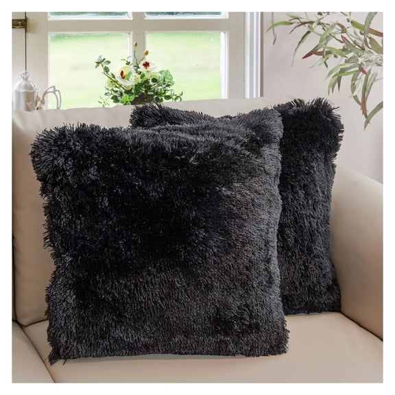 Set of 2 Shaggy Long Hair Throw Pillows - Super Soft and Plush Faux Fur Accent Pillows - 18 x 18 inches, Black