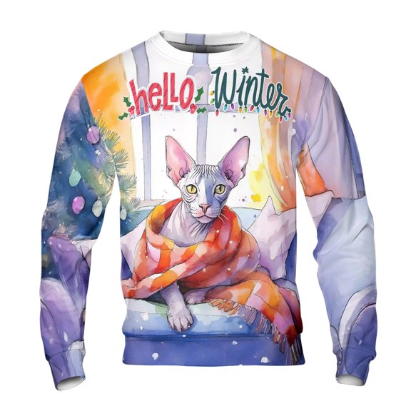 Watercolor Hello Winter Sphynx Chill Christmas Welcome All Over Print 3D Sweatshirt Unisex Merch Cat Lover Kitten Owner Gifts Idea - 00016