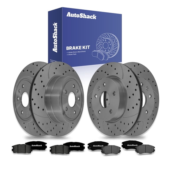 AutoShack Front Vented & Rear Vented Drilled & Slotted Coated Brake Rotors Black Matte Finish   Premium Ceramic Pads 12-PC Brake Kit Replacement for 2010-2017 Chevrolet Equinox BlackShield