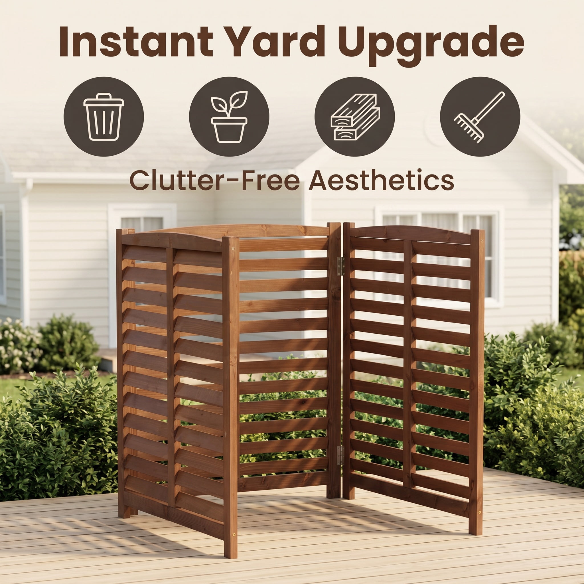Outdoor Wood Privacy Fence 3-Panel 32W x 38H, Solid Wood Air Conditioner Screen with Slat Spacing for AC Unit Trash Can Pool Pump Enclosure, Brown
