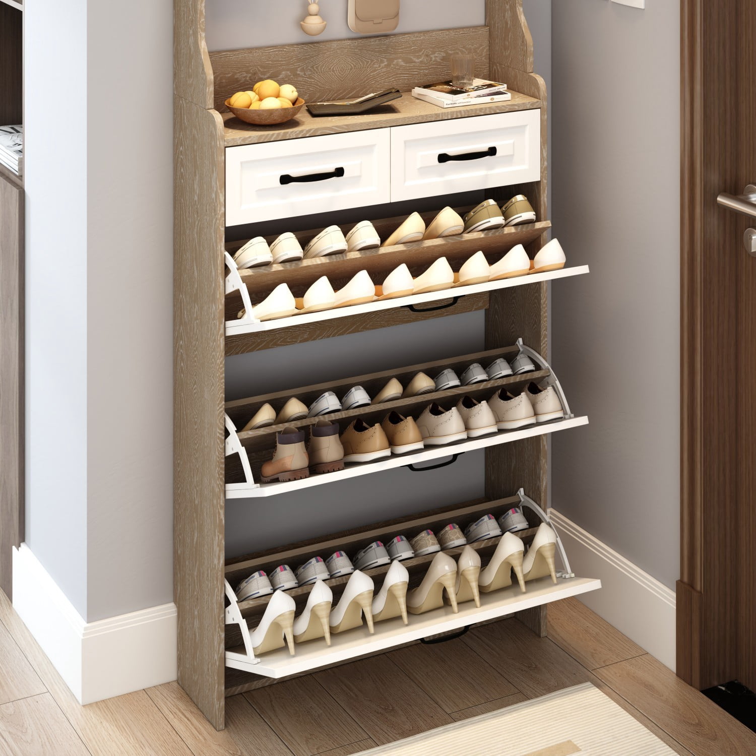 Shoe Cabinet with 3 Flip Doors, 2 Drawers & Hanging Rack, Narrow Entryway Shoe Storage Organizer for Hallway, White+Oak