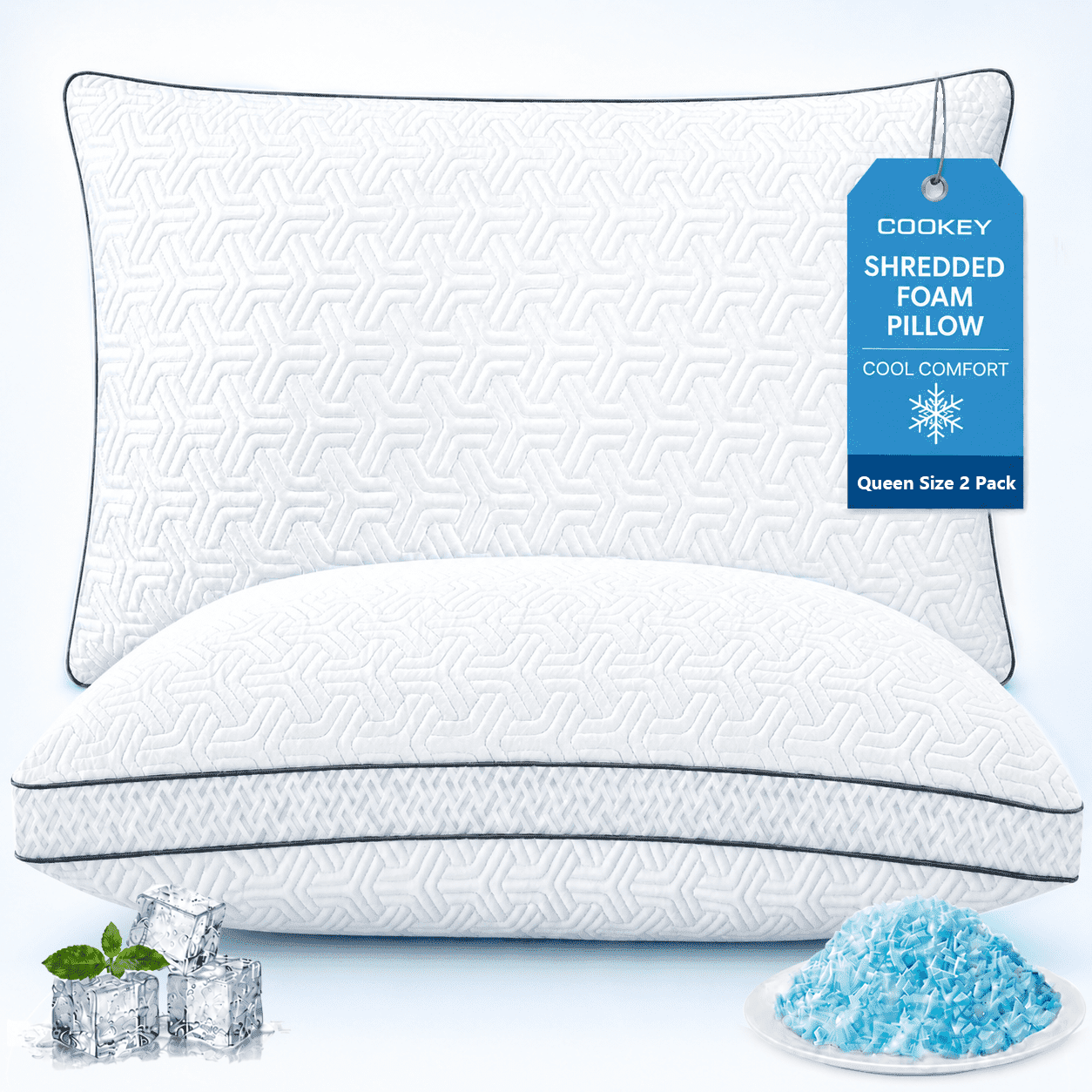 COOKEY Cooling Shredded Memory Foam Pillows Queen Size Set of 2, Adjustable Firm Bed Pillow with Gusset for Side, Back, Stomach Sleepers,20"x30"