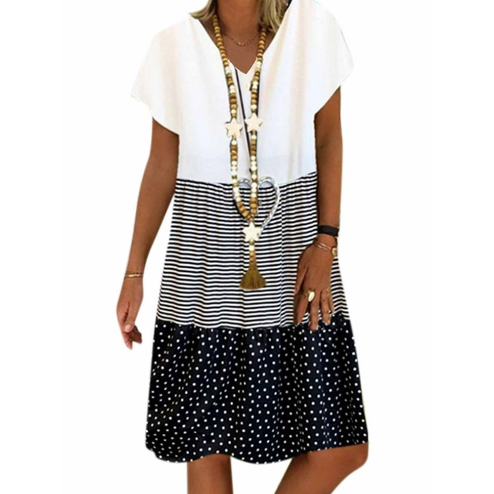 Wodstyle Women Short Sleeve Polka Dot Striped Summer Midi Dress Plus Size Casual