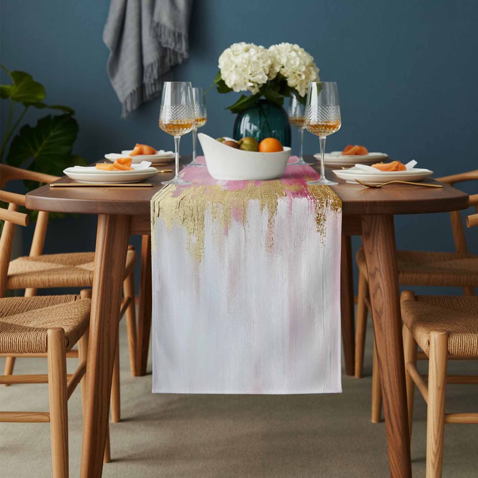 Abstract Street Art Table Runner 13x120 inch Pink Gold Watercolor Decoration Cotton Linen Dining Table Runner Ideal for Dresser Kitchen Coffee Tables - Machine Washable