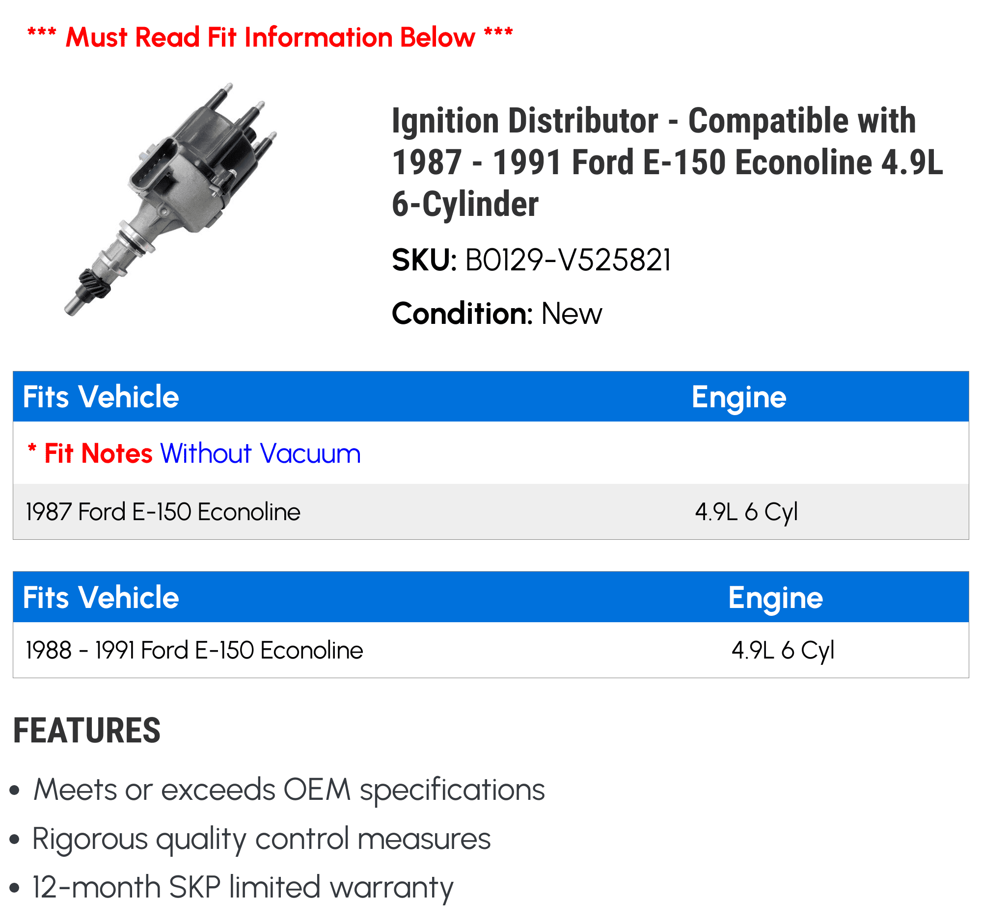 Ignition Distributor - Compatible with 1987 - 1991 Ford E-150 Econoline 4.9L 6-Cylinder 1988 1989 1990