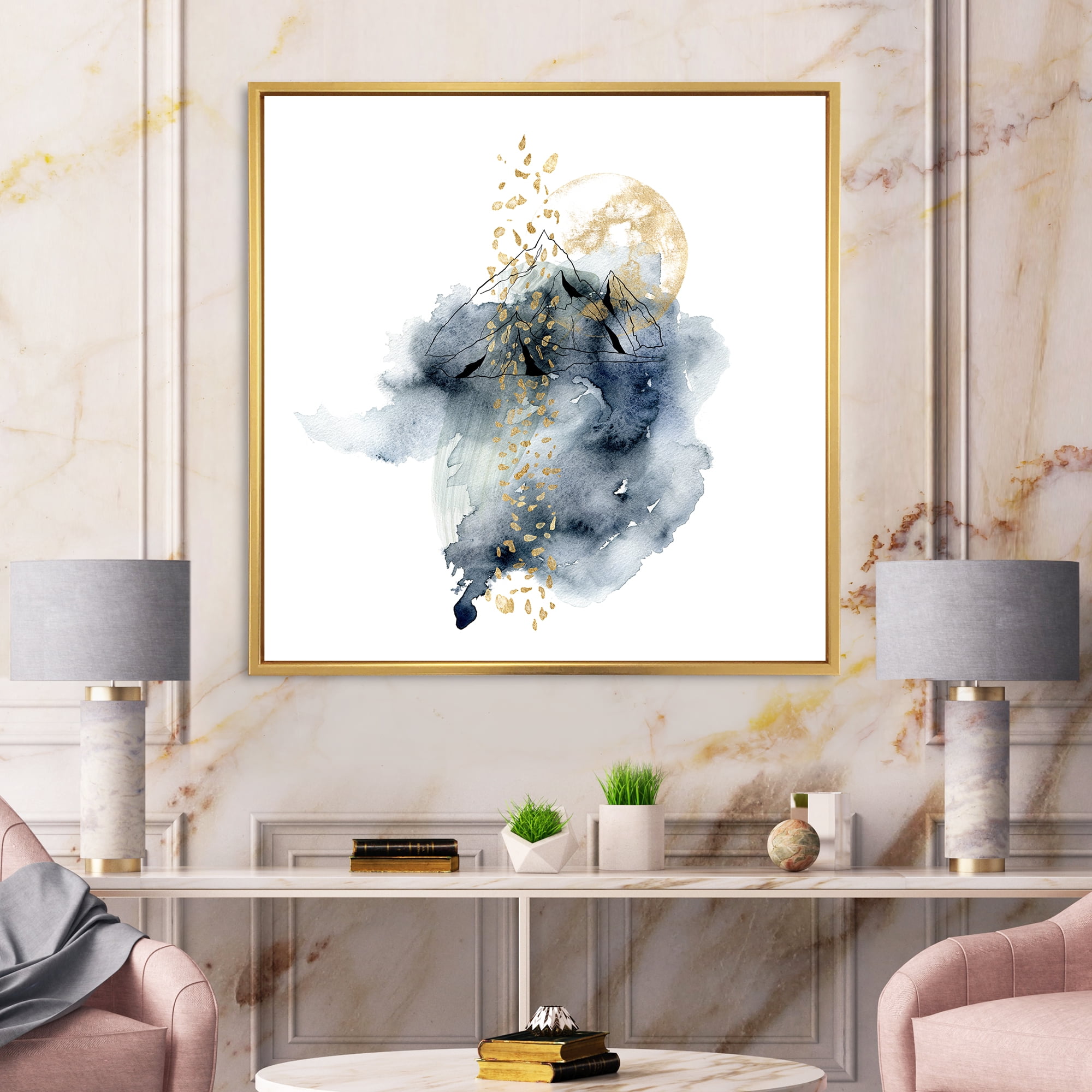 Designart 'Minimalistic Landscape of Moon With Mountains' Modern Framed Canvas Wall Art Print