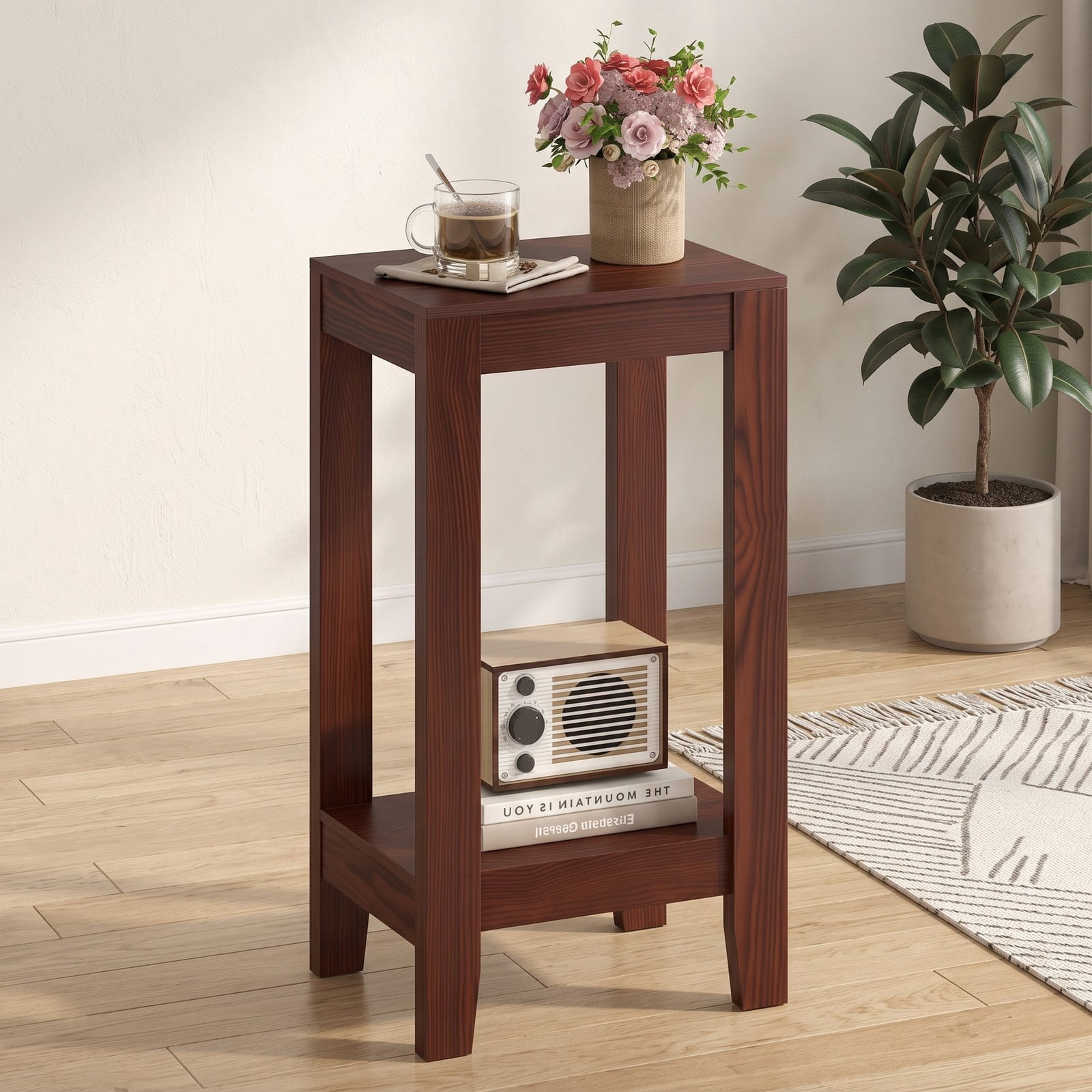 Furnibear Tall Wooden Sofa End Table 2-Tier Side Table with Storage Shelf and Sturdy Legs for Living Room Bedroom, Anti-Toppling Narrow Nightstand Accent Table, Brown