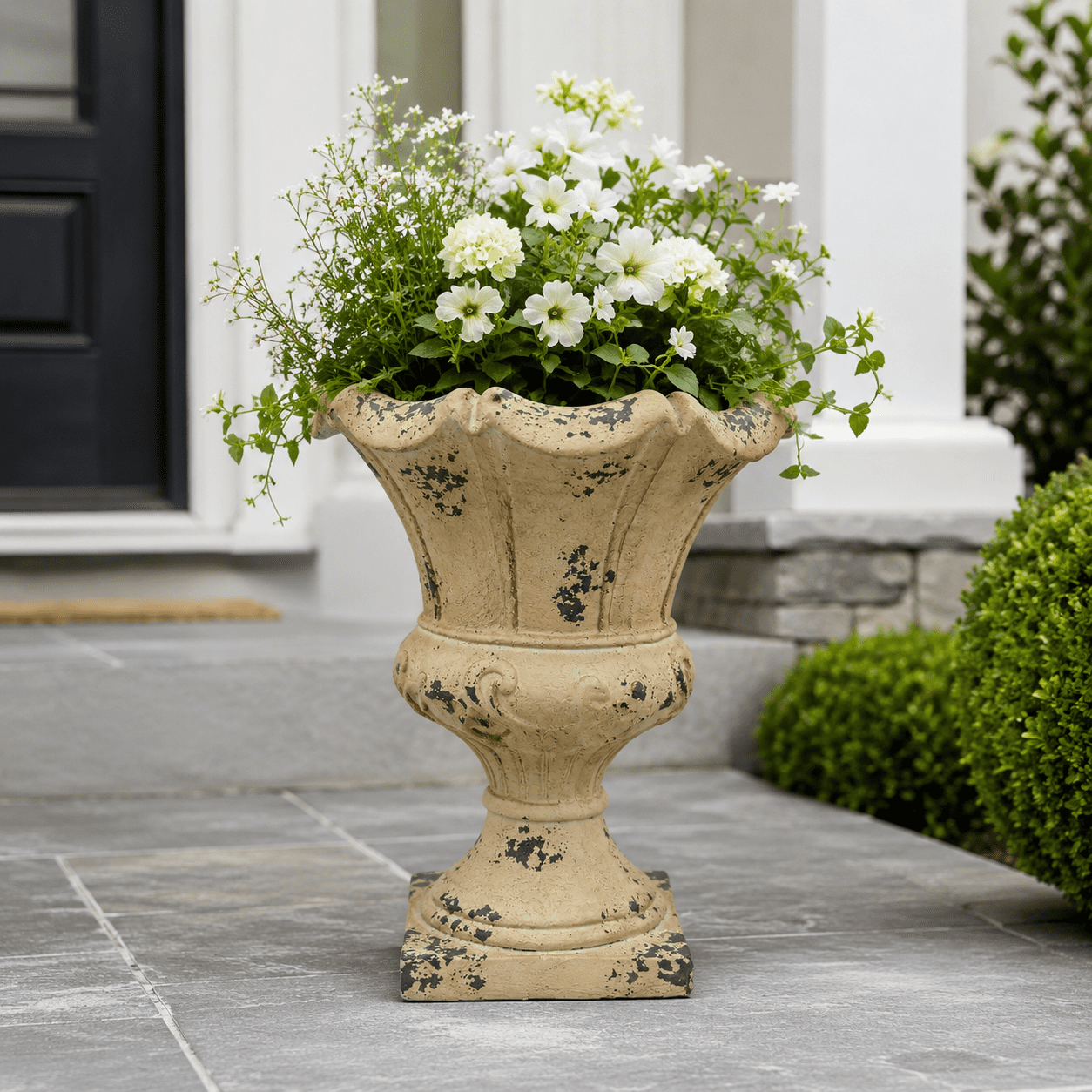 Aukfa Large MGO Garden Urn Planter, Outdoor Tall Decorative Stone-Look Flower Pot with Drainage Hole & Weather-Resistant, White