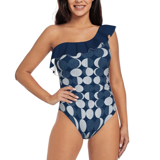 Moon Phases / Repeat Pattern One Shoulder Ruffle Swimsuits One Piece Swimsuit Women Swimwear Beach Bathing Wear Moon Phases