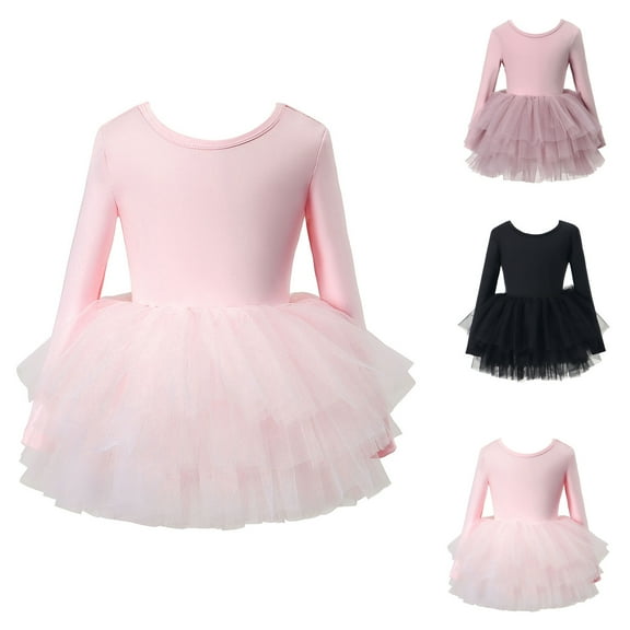 Hpapadks Gymnastics Leotards for Girls Ballet Dance Solid Bodysuit Crisscross Long Sleeve Elegant Tutu Skirted Leotard Girls Dress Black 5-6Y