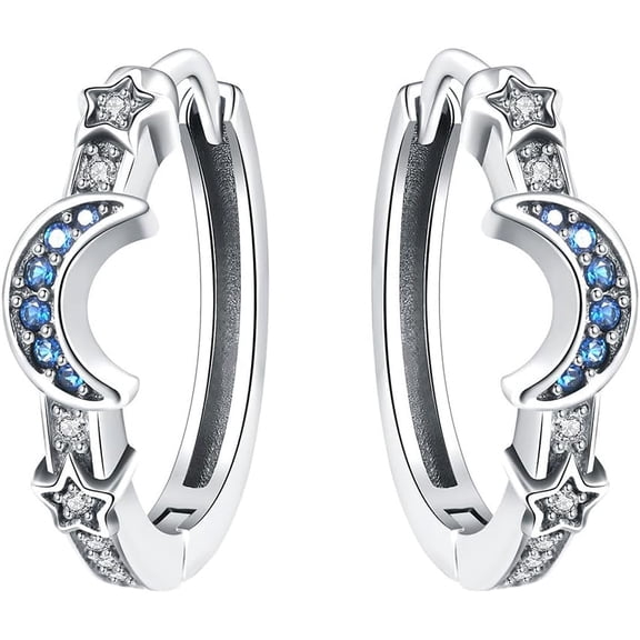 Dainty Moon Star Huggie Hoops CZ Crescent Drop Earrings for Women Hypoallergenic Sterling Silver Plated Delicate Crystal Cubic Zirconia Cartilage Minimalist Jewelry for Sensitive Ears Wedding Her