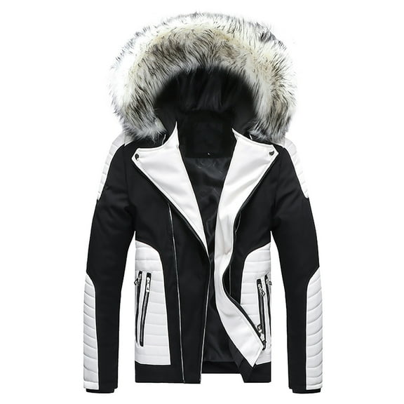 HOOMEUMY Mens Hooded Warm Cotton Coat Padded Design Casual Workout Long Sleeve Clothes Fashion 2025 Trendy Colorblocked Coat Turndown Collar Jacket White L