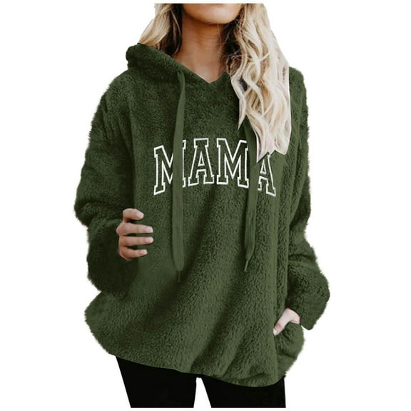 Women's Fuzzy Fleece MAMA Printed Hoodies Drawstring Hooded Long Sleeve Casual Sweatshirts Fashion Oversized Tops (L, Army Green)