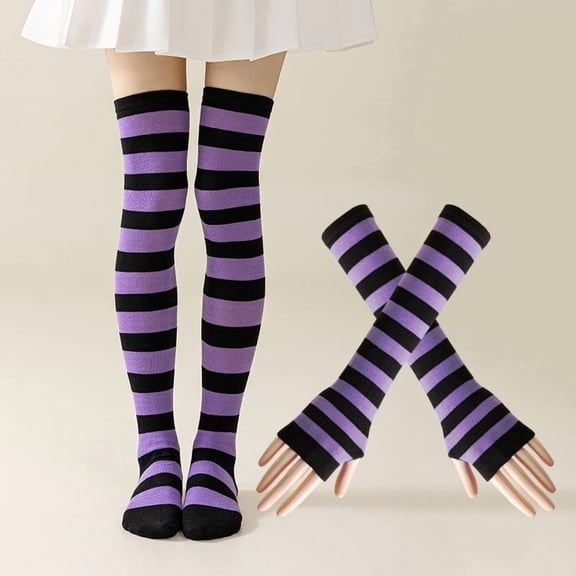 Lanola Colorful Striped Knee Thigh High Socks Fingerless Gloves Knitted Arm Leg Warmers Set for Women Man Rainbow Pride Parade Costumes Party Supplies