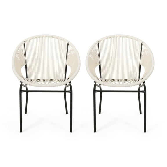 GDF Studio Carver Outdoor Faux Rattan Acapulco Weave Club Chairs, Set of 2, White and Black