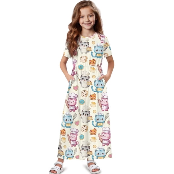 Uourmeti Girl's Short Sleeve Cartoon Cat Cook Print Crew Neck Loose Casual Long Maxi Dress with Pockets Toddler Girls Sundress Clothes, Size 13-14 Years