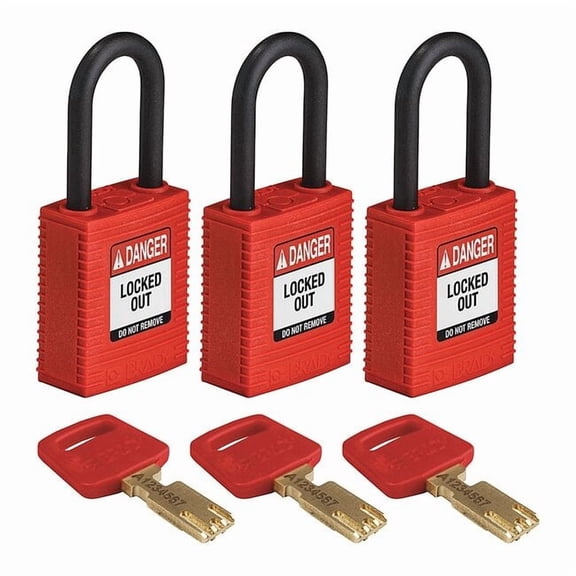 Brady Worldwide B2347117 NYL-RED-38PL-KA3PK Brady SafeKey Lockout Padlock - Nylon 1.5 in. Plastic Shackle Keyed Alike