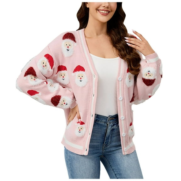 larppty Christmas Sweater Cardigan for Women Y2K Button Dwon Santa Graphic Cardigan Ugly Xmas Open Front Sweater (Pink, S)