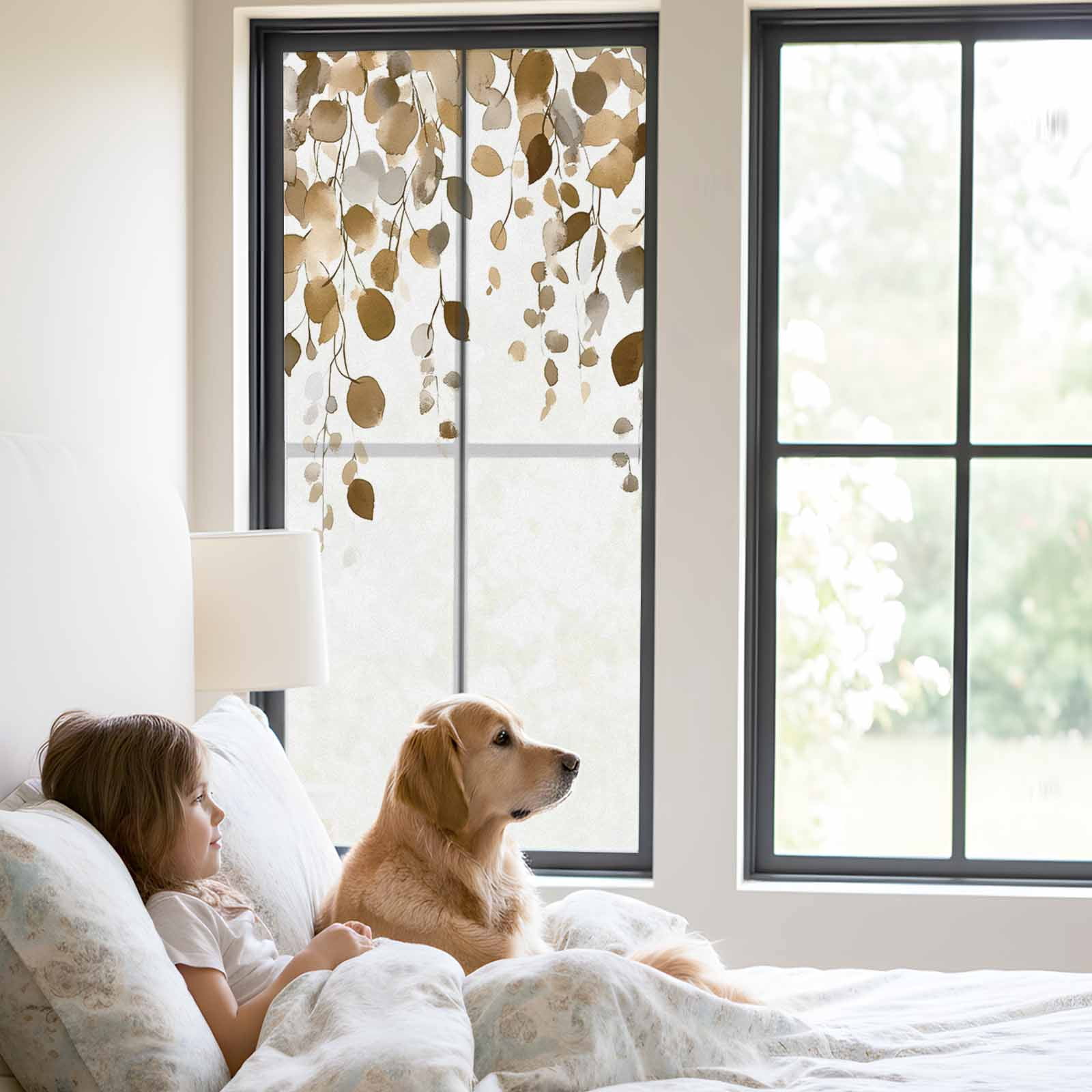 Brown Eucalyptus Leaves Window Privacy Film, Summer Watercolor Leaf Static Cling UV Sun Blocking Tint Film Heat Control Windows Films for Bedroom Bathroom, Window Stickers 23.6"x59"