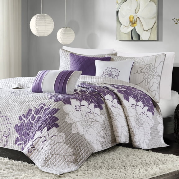 Madison Park King/Cal King Size 6 Piece Printed Cotton Quilt Set with Throw Pillows ,Reversible Bed Cover for All Seasons,Taupe Grey