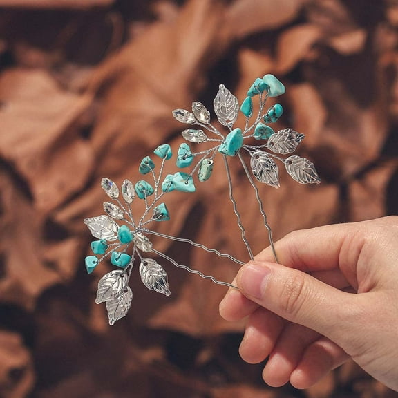 Turquoise Hair Pins Silver Leaf Wedding Hair Pieces Glitter Rhinestone Headpiece Hair Clips Crystal Bridal Hair Accessories for Women and Girls(Pack of 2)