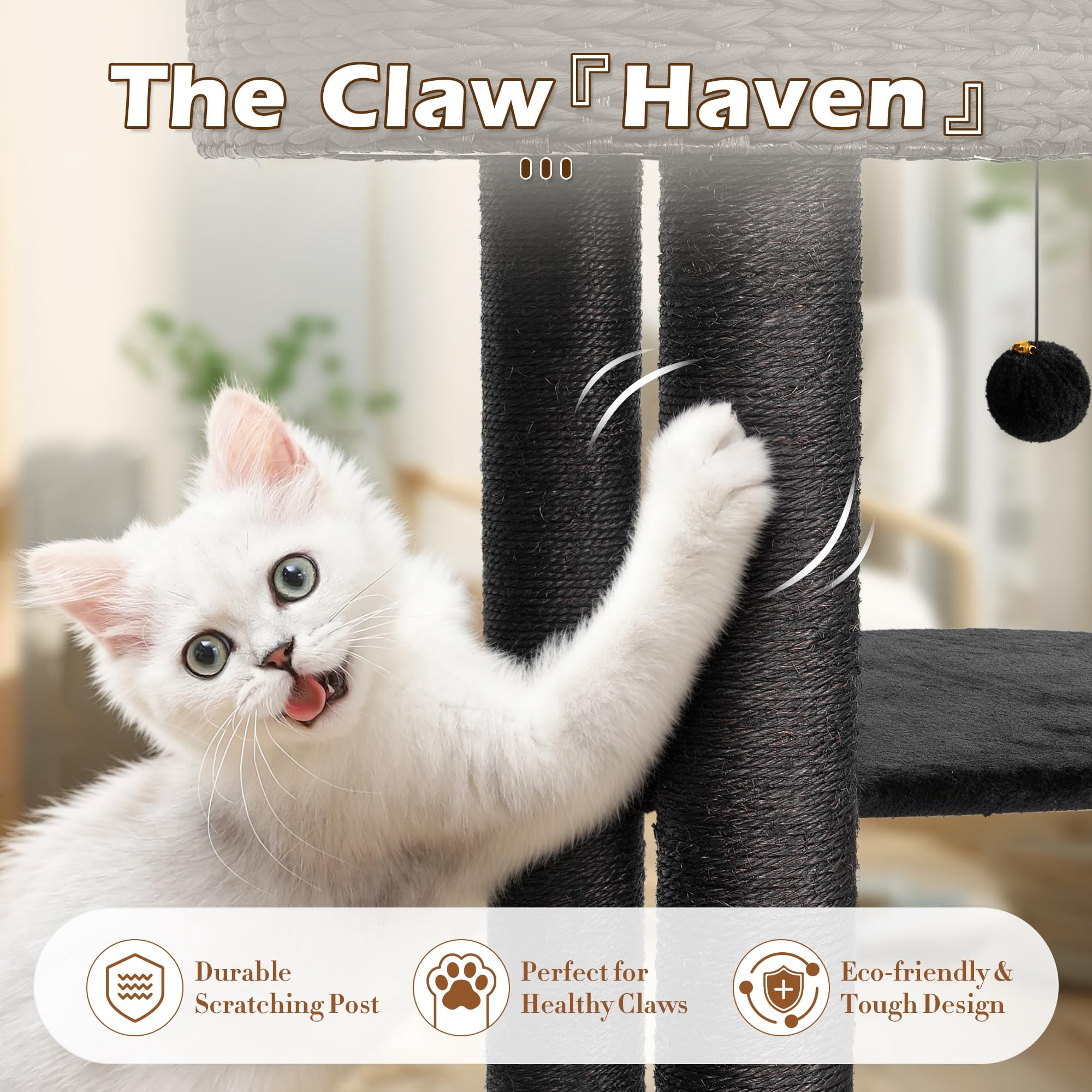 Modern Cat Tree for Indoor Cats, 39 Inch Tall Cat Tower with Scratching Posts, Hand-Woven Condo, Soft Perch & Plush Platforms, Natural Sisal Climbing Structure for Kittens to Play Rest Black