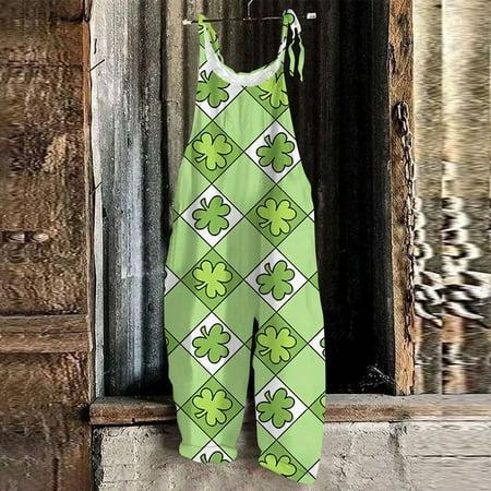 Womens Jumpsuits Dressy  St Patricks Day Gifts  Overalls for Women Loose Fit  Women Bodysuit  Women s Jumpsuit Saint Patricks Day Print Casual Loose Vintage Shoulder Strap Cotton Linen  Light Green