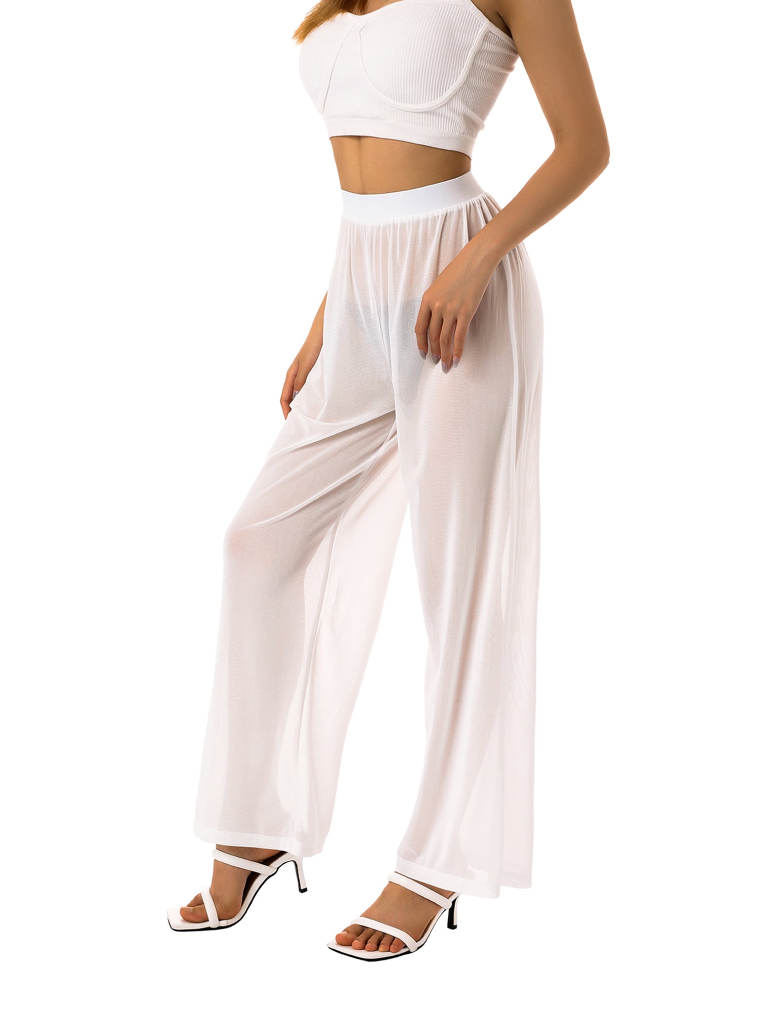 Canrulo Women See Throug Mesh Flare Cover up Pants with Thong Swimsuit