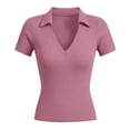 thumbnail image 4 of Daznico Women's Ribbed Knit V Neck Collared Short Sleeve Slim Fit Polo Top Casual Summer,M, 4 of 4