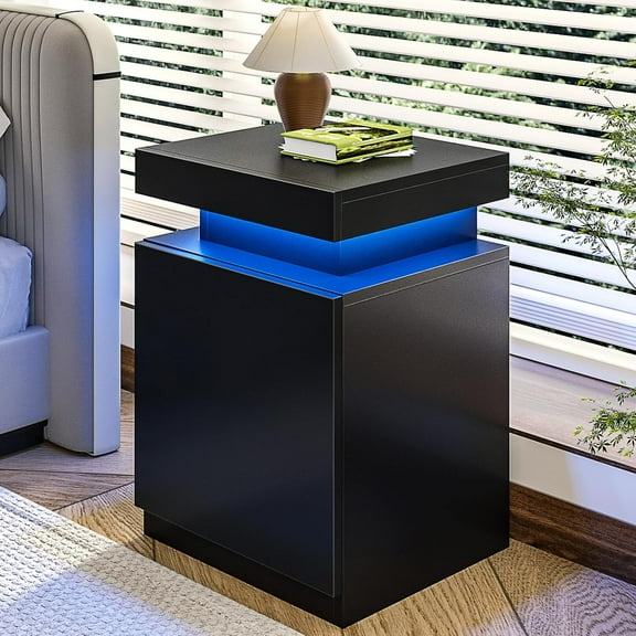 oneinmil Nightstand with Charging Station and LED Lights, Night Stand with Sliding Top Storage, Bedside Table with Drawer, Modern End Side Table for Bedroom, Black