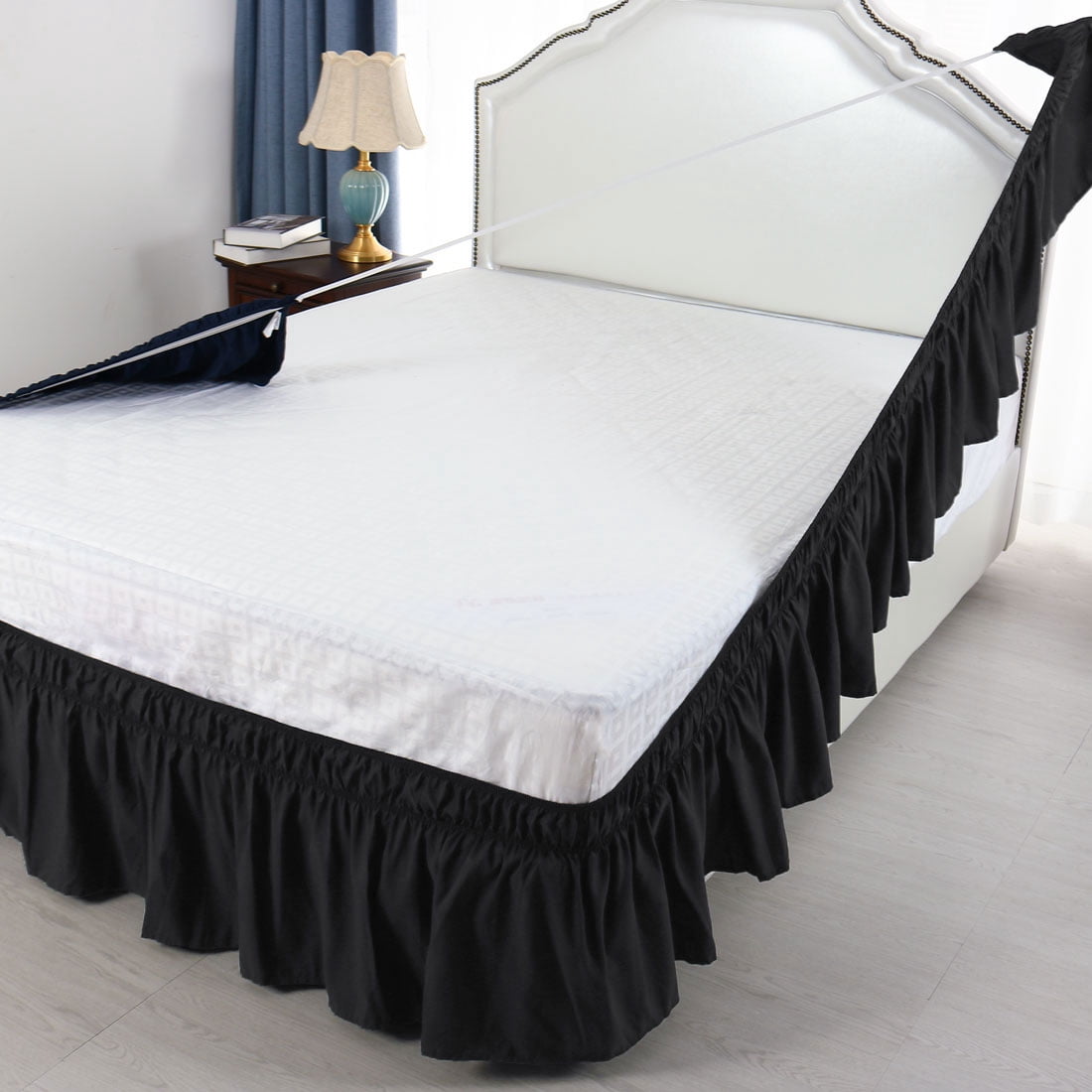 Unique Bargains Elastic Dust Ruffled Bed Skirt with 15" Drop Queen Black