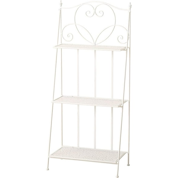 Farmers Favorite 3 Tier Plant Stand, Wide Body Design, Ivory White Distressed Finish, Sturdy Iron, Heart with Scrolled Details, Punched Floral Fold Out Shelves, 11 3/4 L x 22 W x 49 1/4 H inches