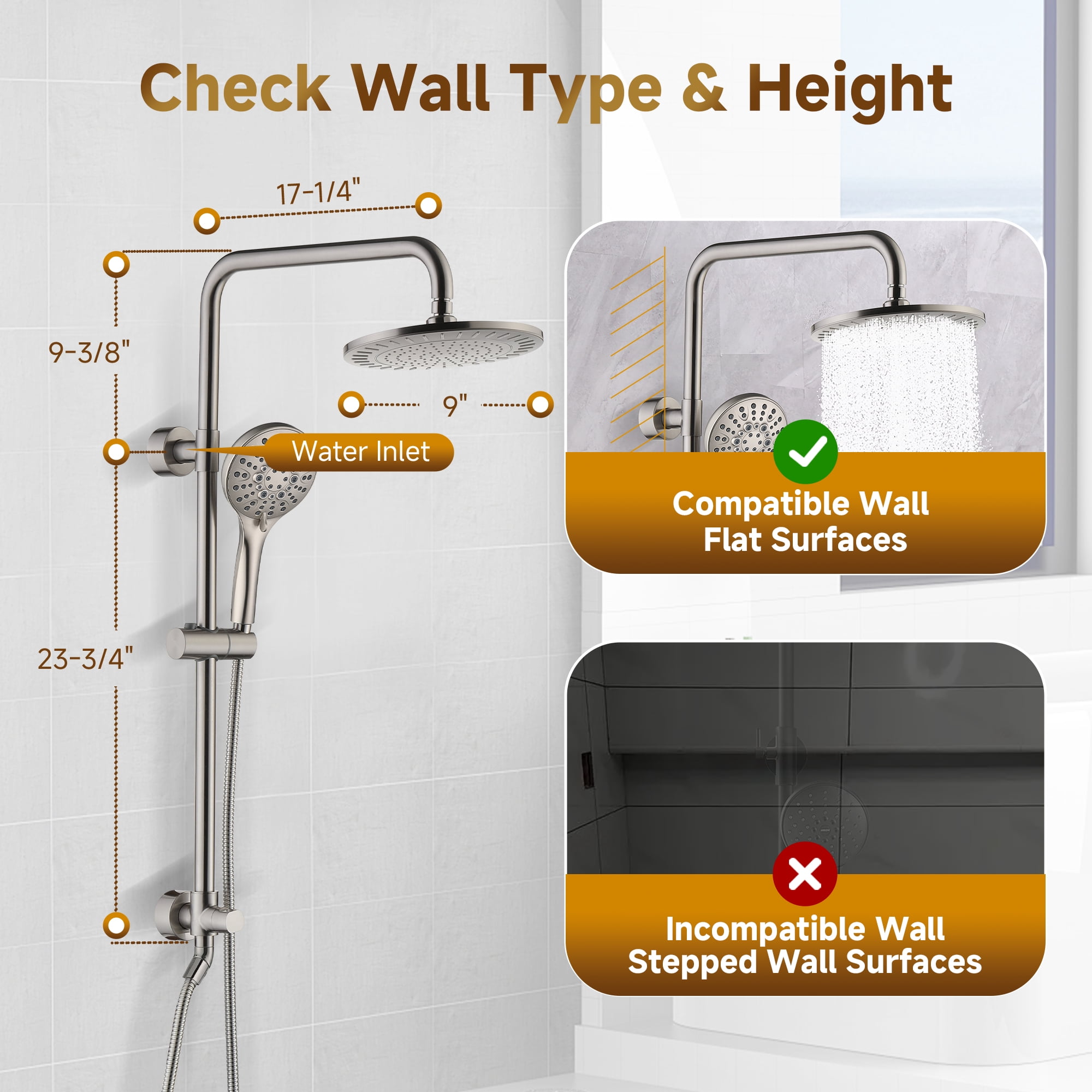 BRIGHT SHOWERS Rain System Including 9 Inch Rainfall shower head and Handheld with Height Adjustable Holder, Solid Brass Rail and 60 Inch Long Stainless Steel Shower Hose