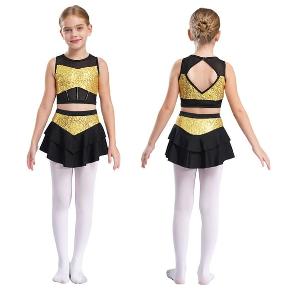 LiiYii Girls' Jazz Latin Lyrical Dance Costume Contemporary Ballet Dance Dresses Sequined Dance Outfit Set Gold 14