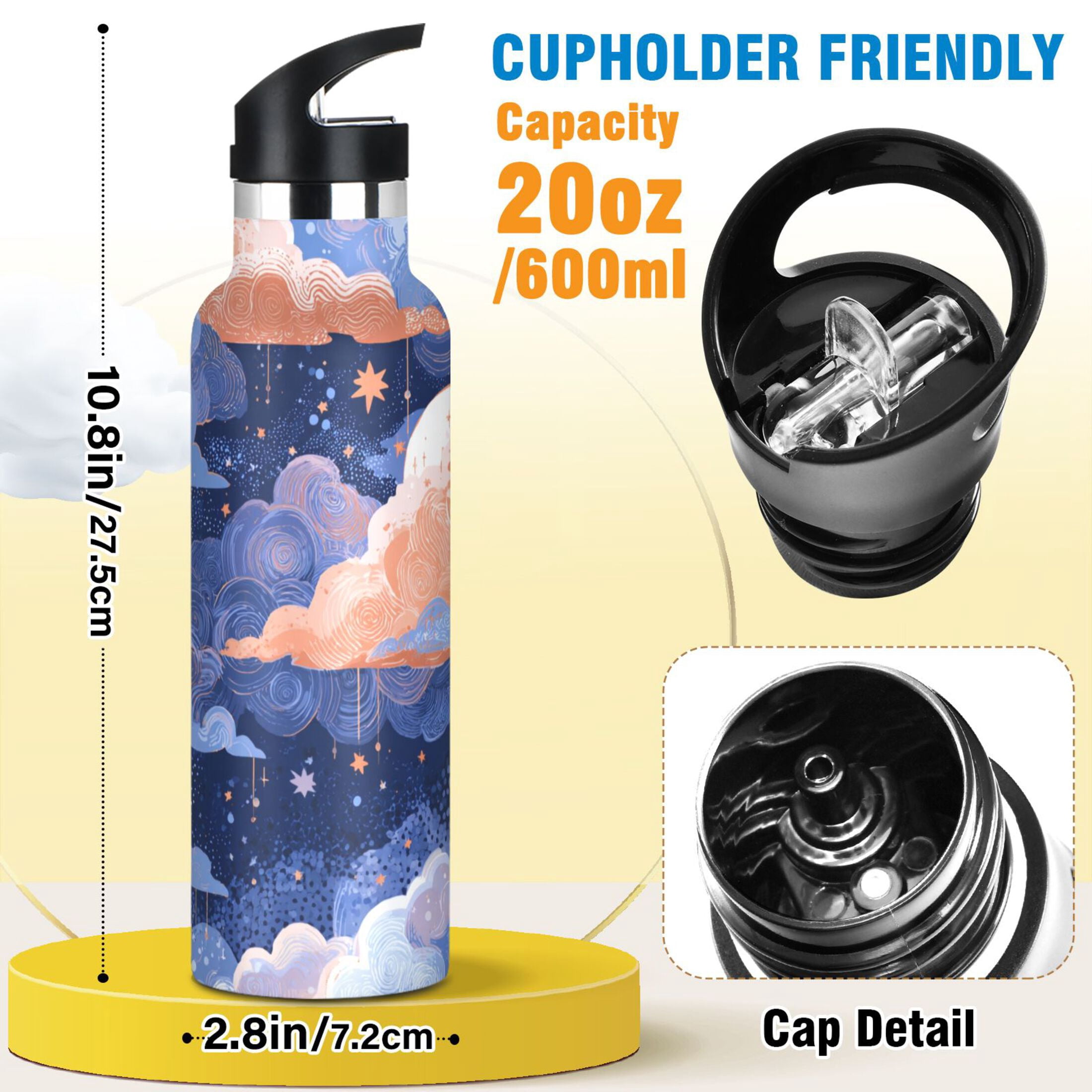600ML Stainless Steel Insulated Cup Sports Water Bottle Portable Thermos Cup Water Glasses Insulated Tumblers Convenient and Durable Beautiful Blue Clouds